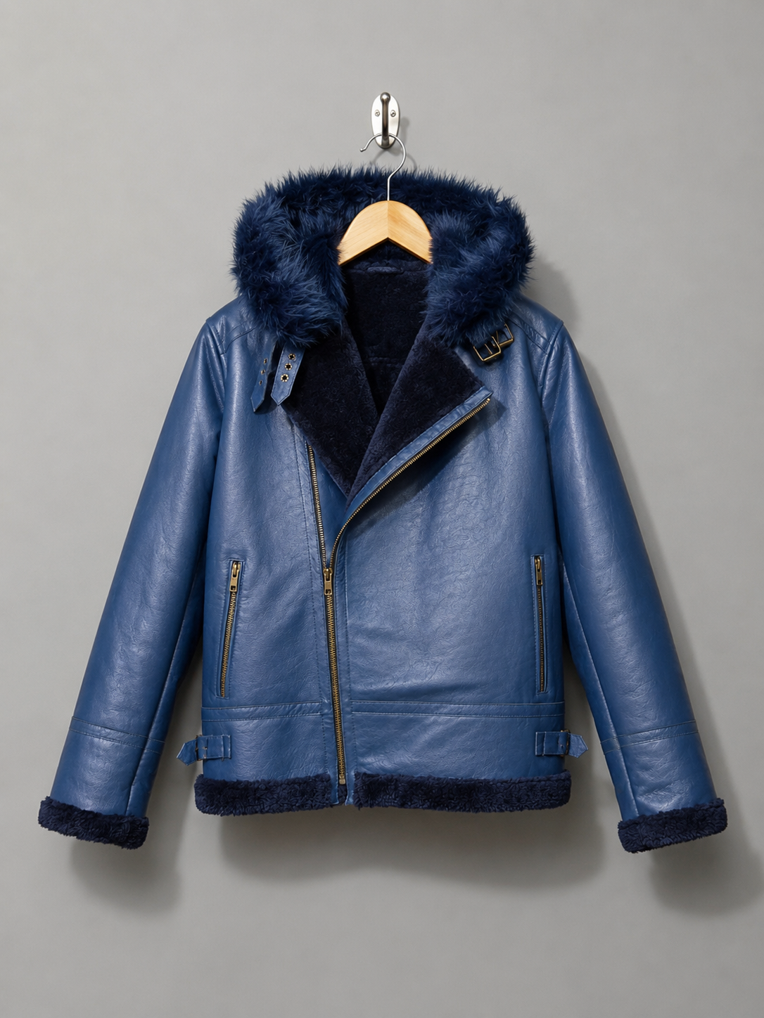 Blue Leather Aviator Shearling Jacket - Image 1